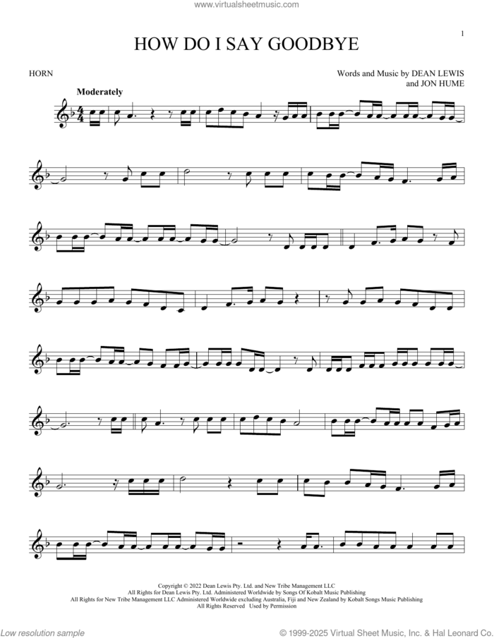 How Do I Say Goodbye sheet music for horn solo by Dean Lewis and Jon Hume, intermediate skill level