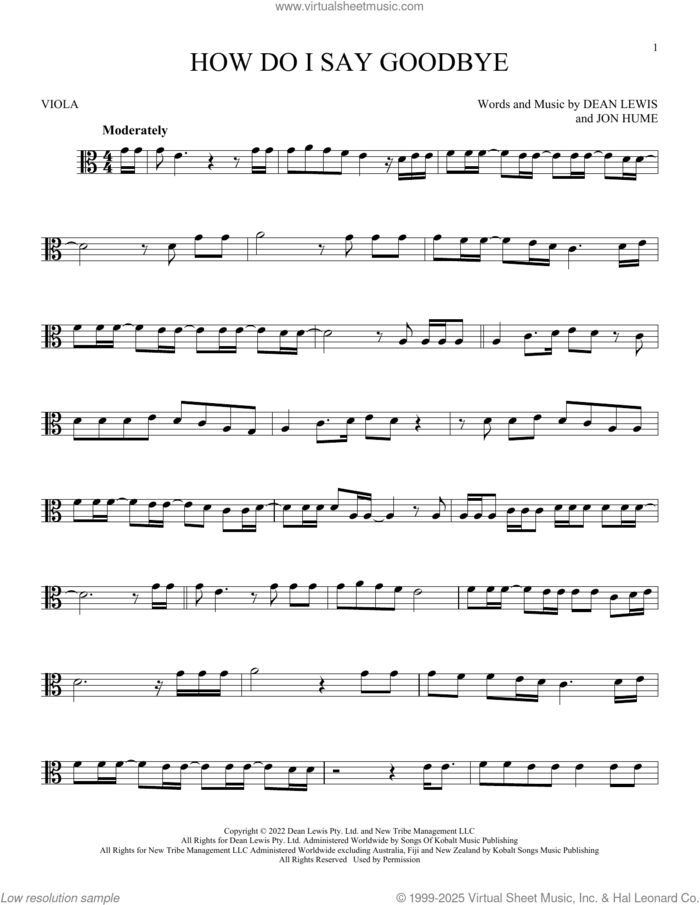 How Do I Say Goodbye sheet music for viola solo by Dean Lewis and Jon Hume, intermediate skill level