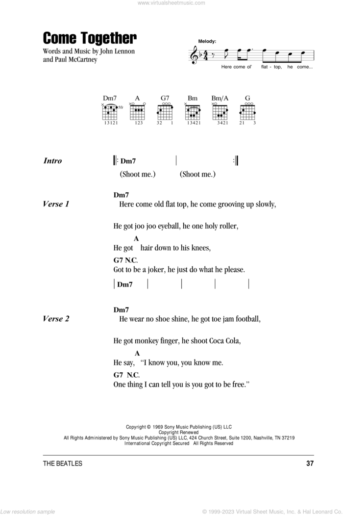 Come Together sheet music for guitar (chords) by The Beatles, John Lennon and Paul McCartney, intermediate skill level