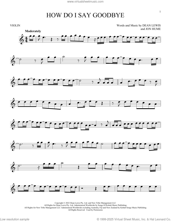 How Do I Say Goodbye sheet music for violin solo by Dean Lewis and Jon Hume, intermediate skill level