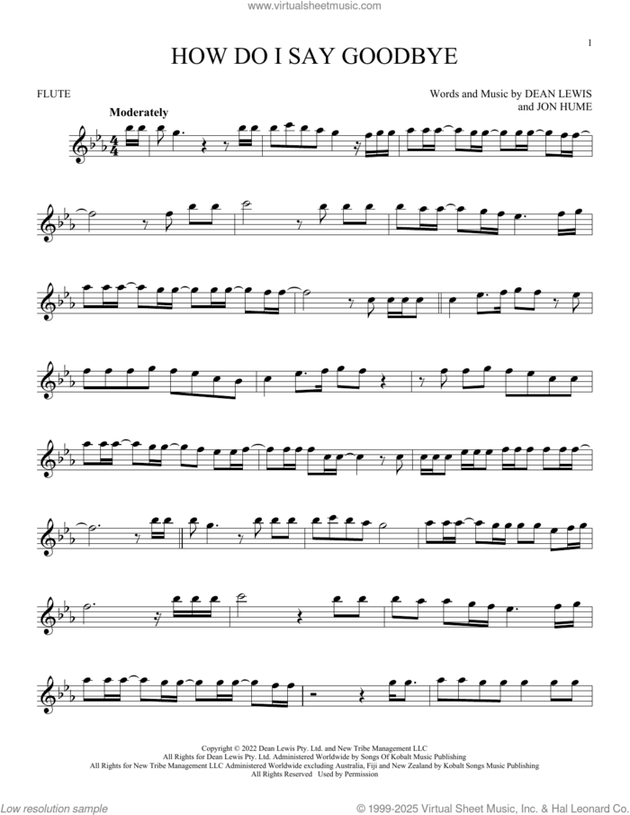 How Do I Say Goodbye sheet music for flute solo by Dean Lewis and Jon Hume, intermediate skill level