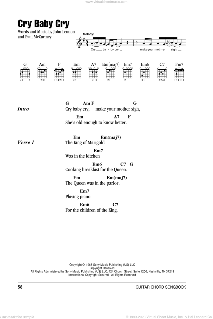 Cry Baby Cry sheet music for guitar (chords) by The Beatles, John Lennon and Paul McCartney, intermediate skill level