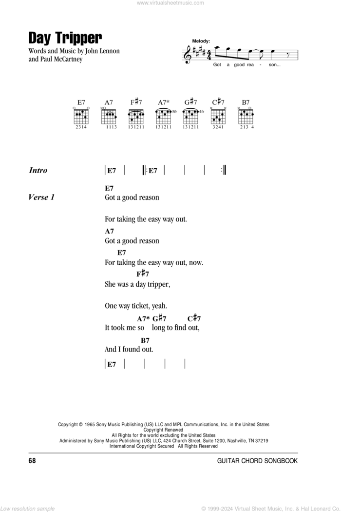 Day Tripper sheet music for guitar (chords) by The Beatles, John Lennon and Paul McCartney, intermediate skill level