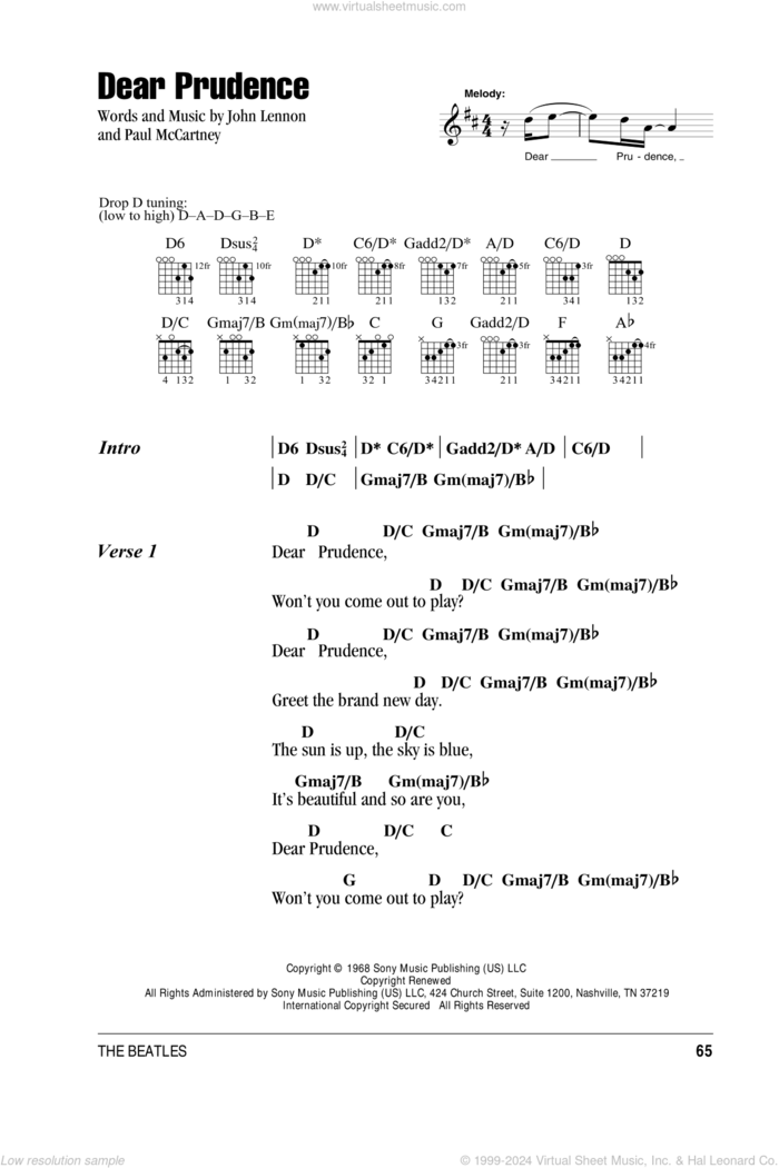 Dear Prudence sheet music for guitar (chords) by The Beatles, John Lennon and Paul McCartney, intermediate skill level