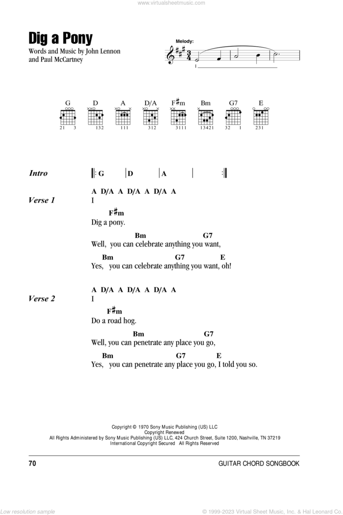 Dig A Pony sheet music for guitar (chords) by The Beatles, John Lennon and Paul McCartney, intermediate skill level