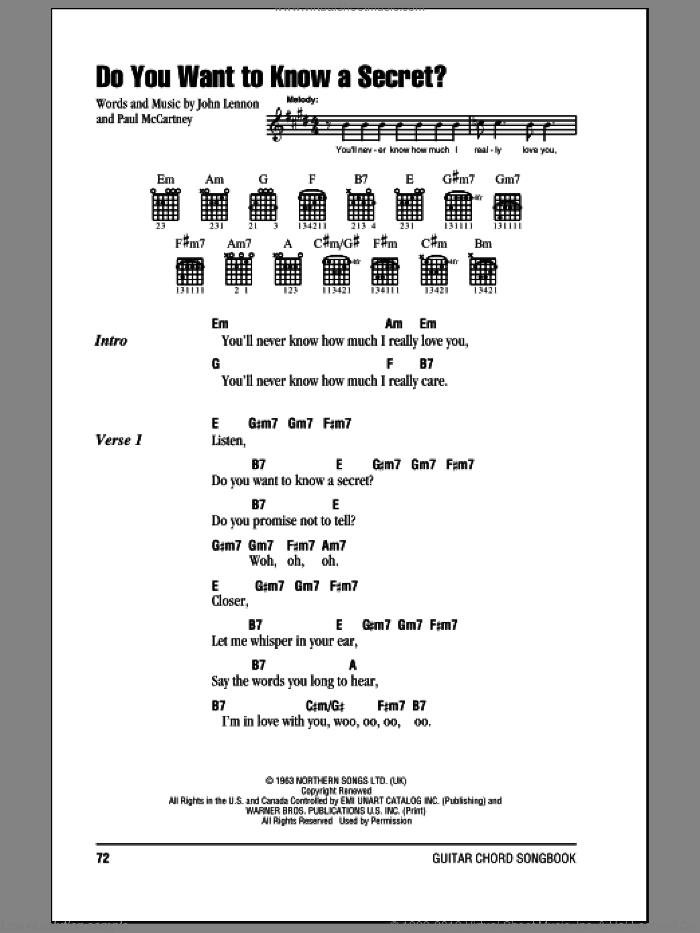 Do You Want To Know A Secret? sheet music for guitar (chords) by The Beatles, John Lennon and Paul McCartney, intermediate skill level
