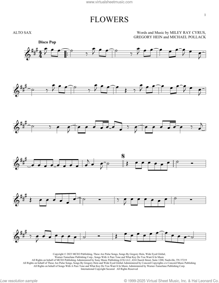 Flowers sheet music for alto saxophone solo by Miley Cyrus, Gregory Hein and Michael Pollack, intermediate skill level