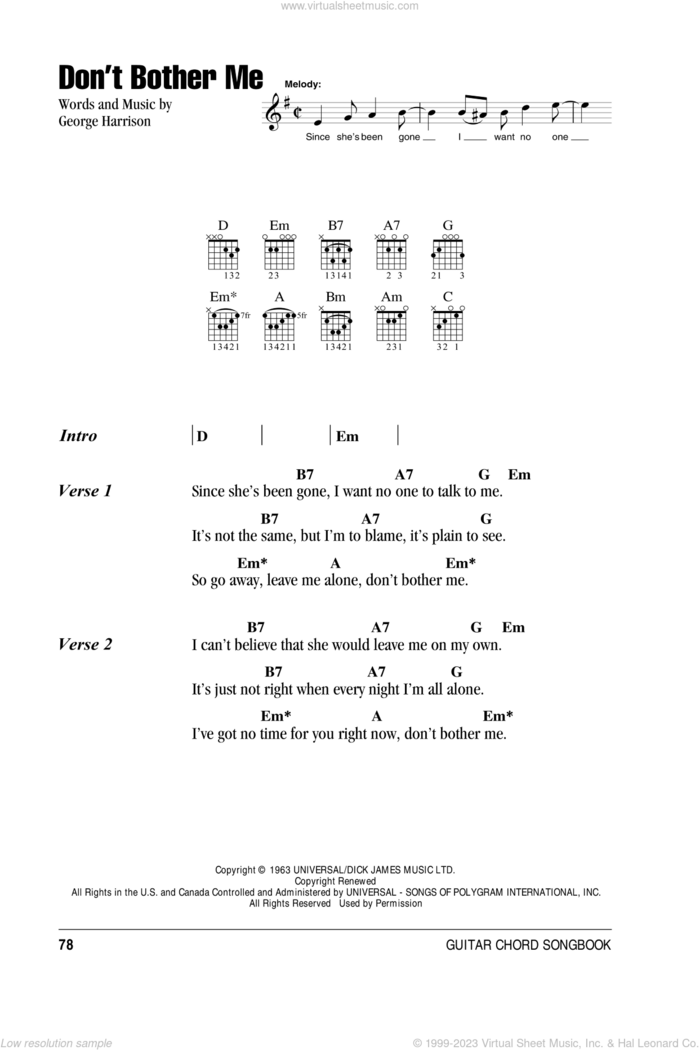 Don't Bother Me sheet music for guitar (chords) by The Beatles and George Harrison, intermediate skill level