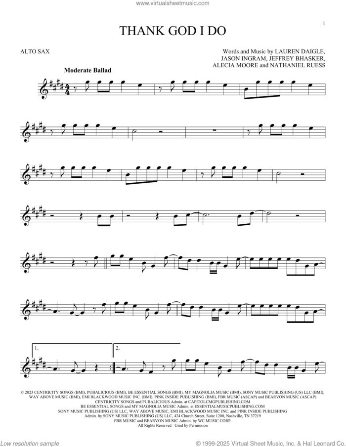 Thank God I Do sheet music for alto saxophone solo by Lauren Daigle, Alecia Moore, Jason Ingram, Jeffrey Bhasker and Nathaniel Ruess, intermediate skill level