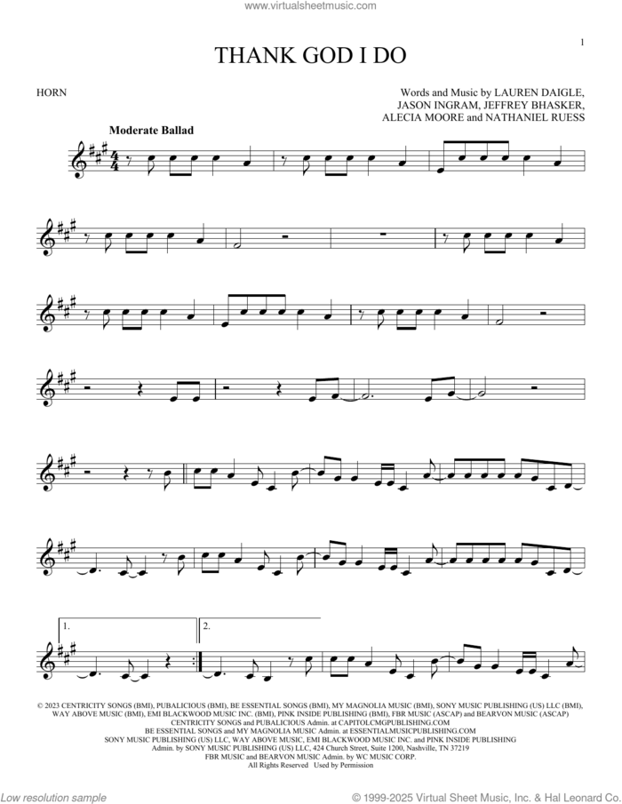 Thank God I Do sheet music for horn solo by Lauren Daigle, Alecia Moore, Jason Ingram, Jeffrey Bhasker and Nathaniel Ruess, intermediate skill level