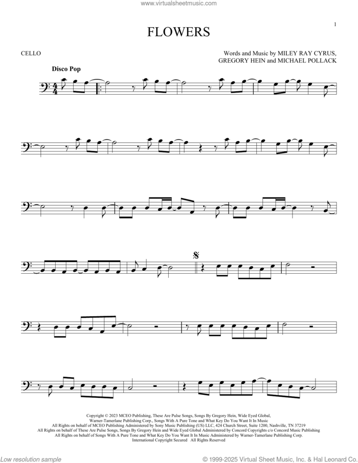 Flowers sheet music for cello solo by Miley Cyrus, Gregory Hein and Michael Pollack, intermediate skill level