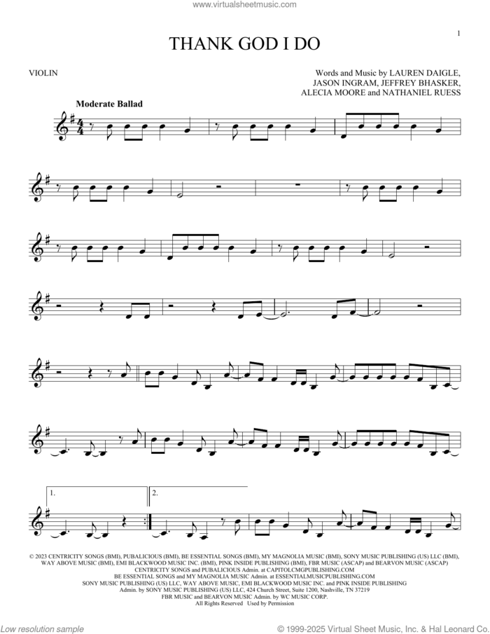 Thank God I Do sheet music for violin solo by Lauren Daigle, Alecia Moore, Jason Ingram, Jeffrey Bhasker and Nathaniel Ruess, intermediate skill level