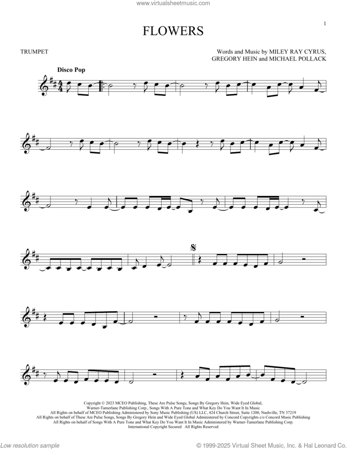 Flowers sheet music for trumpet solo by Miley Cyrus, Gregory Hein and Michael Pollack, intermediate skill level