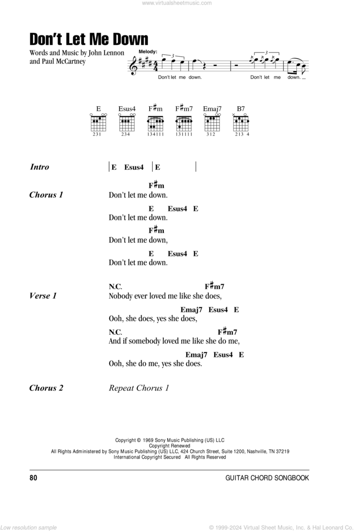 Don't Let Me Down sheet music for guitar (chords) by The Beatles, John Lennon and Paul McCartney, intermediate skill level