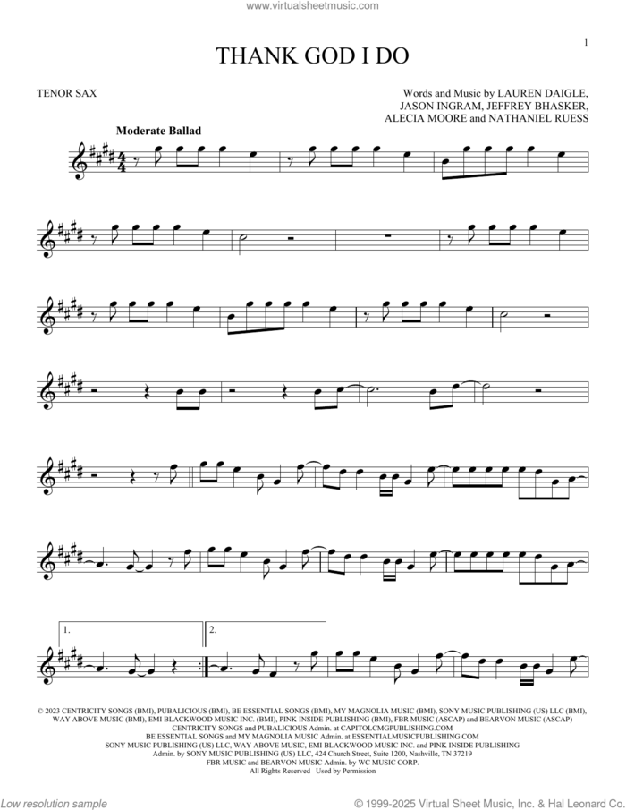 Thank God I Do sheet music for tenor saxophone solo by Lauren Daigle, Alecia Moore, Jason Ingram, Jeffrey Bhasker and Nathaniel Ruess, intermediate skill level