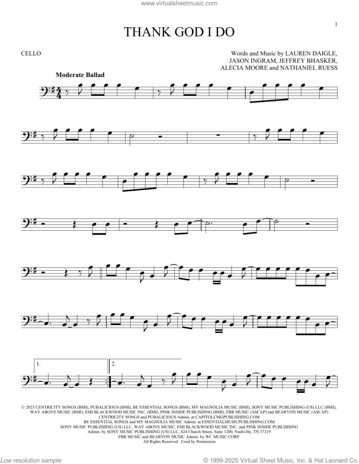 Thank God I Do sheet music for cello solo by Lauren Daigle, Alecia Moore, Jason Ingram, Jeffrey Bhasker and Nathaniel Ruess, intermediate skill level