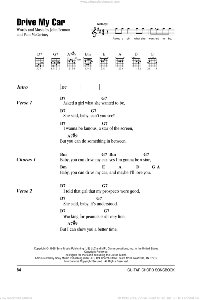 Drive My Car sheet music for guitar (chords) by The Beatles, John Lennon and Paul McCartney, intermediate skill level