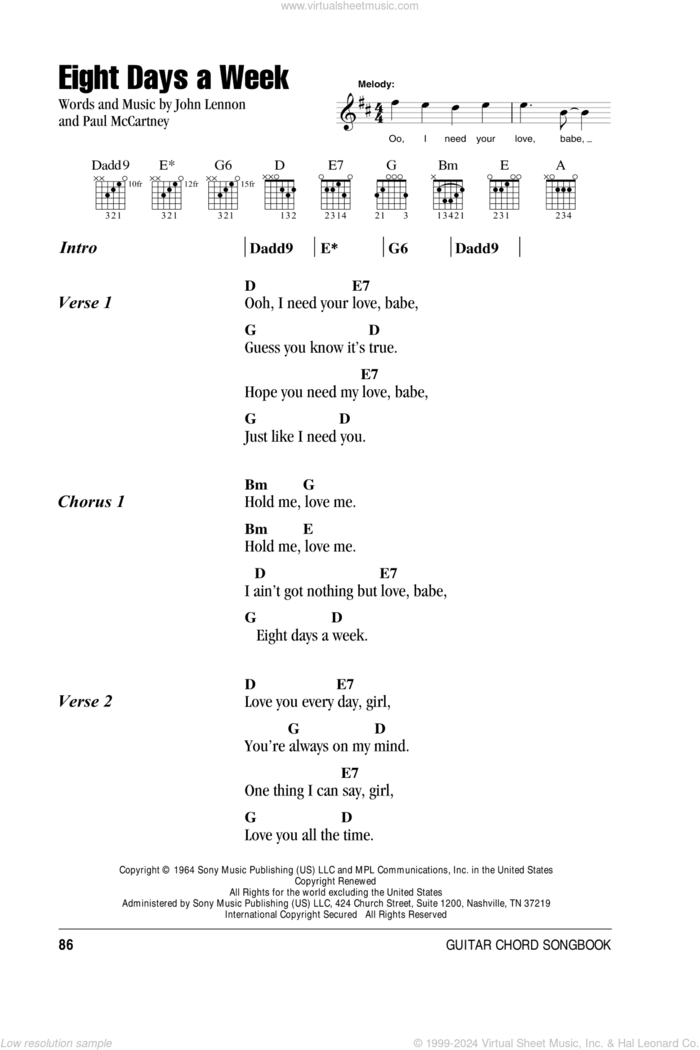 Eight Days A Week sheet music for guitar (chords) by The Beatles, John Lennon and Paul McCartney, intermediate skill level