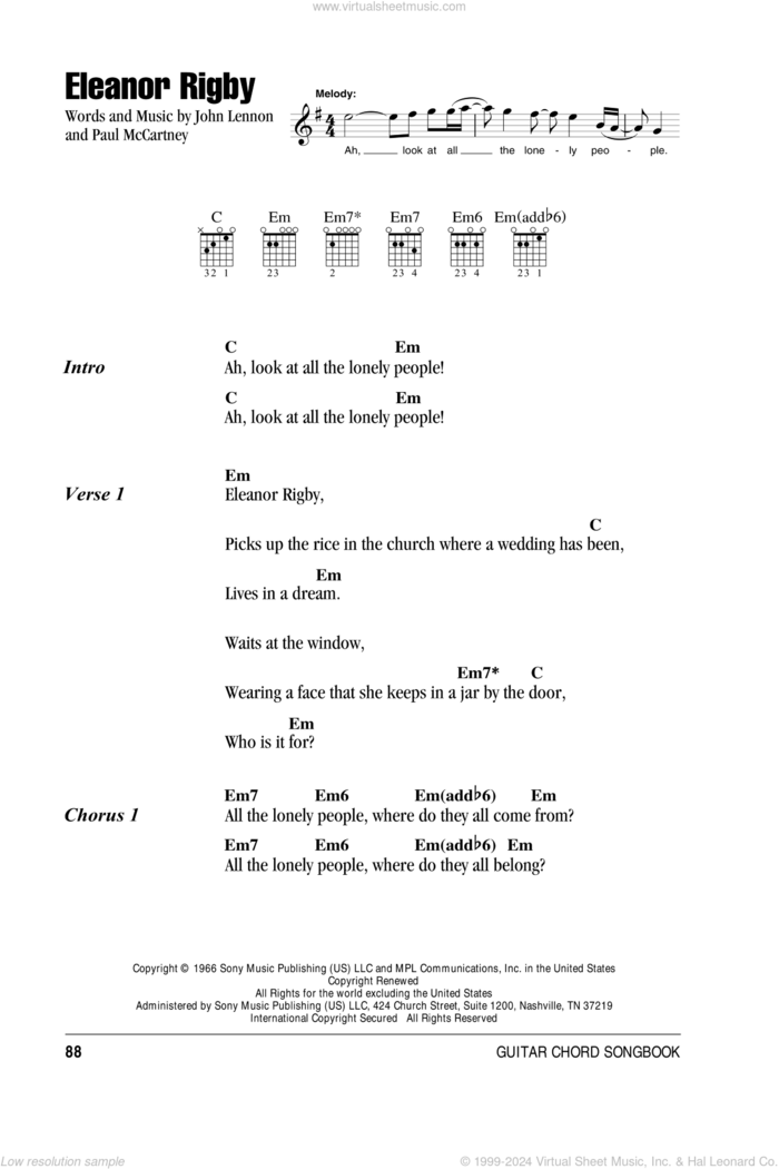 Eleanor Rigby sheet music for guitar (chords) by The Beatles, John Lennon and Paul McCartney, intermediate skill level