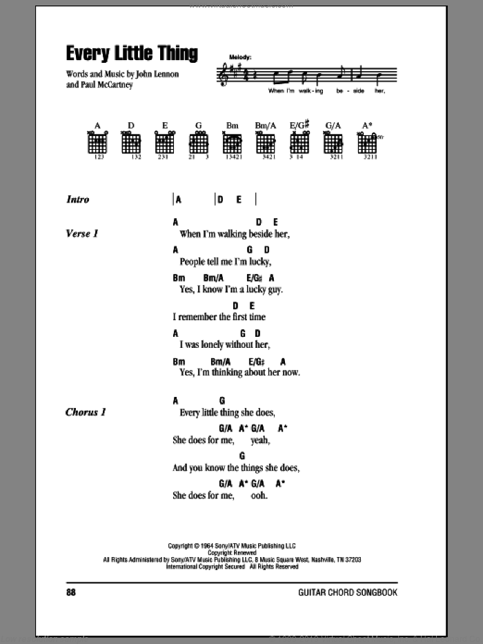 Every Little Thing sheet music for guitar (chords) by The Beatles, John Lennon and Paul McCartney, intermediate skill level