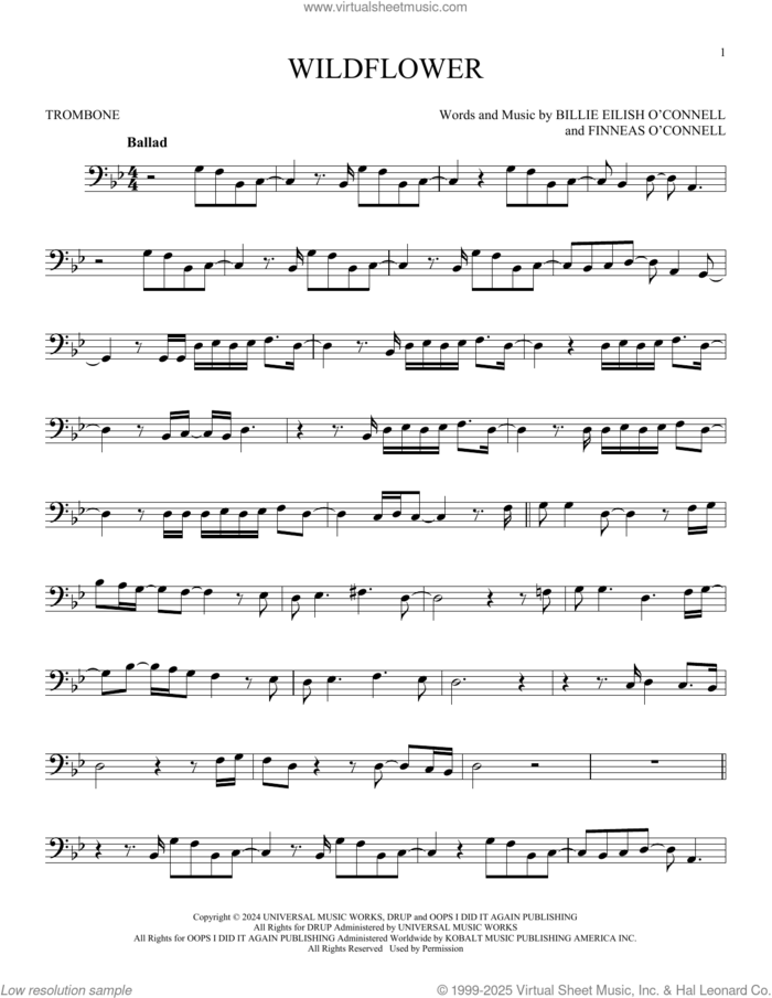 Wildflower sheet music for trombone solo by Billie Eilish, intermediate skill level