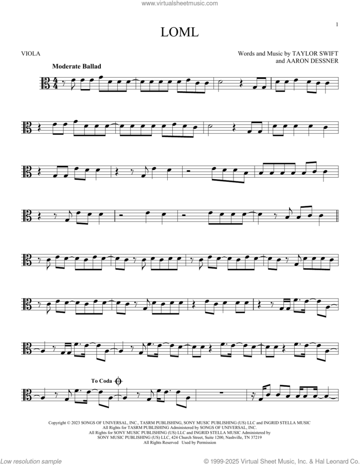 Loml sheet music for viola solo by Taylor Swift and Aaron Dessner, intermediate skill level