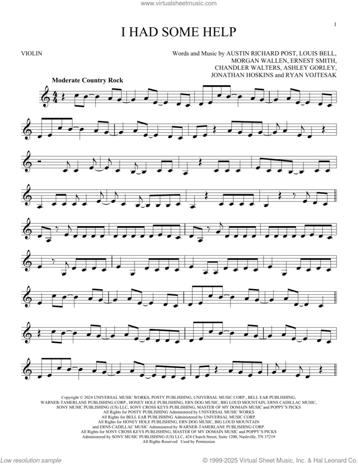I Had Some Help sheet music for violin solo by Post Malone Feat. Morgan Wallen, Ashley Glenn Gorley, Austin Richard Post, Chandler Walters, Ernest Smith, Jonathan Hoskins, Louis Bell, Morgan Wallen and Ryan Vojtesak, intermediate skill level