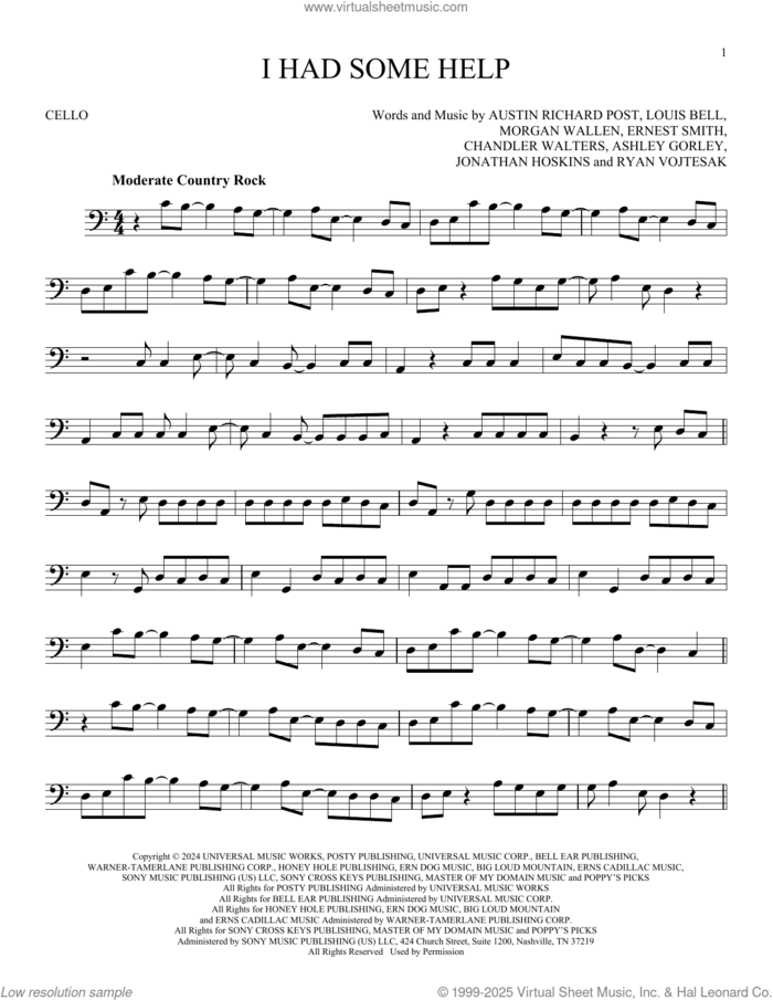 I Had Some Help sheet music for cello solo by Post Malone Feat. Morgan Wallen, Ashley Glenn Gorley, Austin Richard Post, Chandler Walters, Ernest Smith, Jonathan Hoskins, Louis Bell, Morgan Wallen and Ryan Vojtesak, intermediate skill level