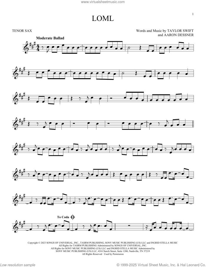 Loml sheet music for tenor saxophone solo by Taylor Swift and Aaron Dessner, intermediate skill level