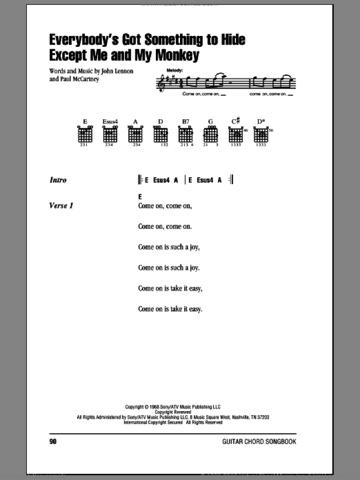 Everybody's Got Something To Hide Except Me And My Monkey sheet music for guitar (chords) by The Beatles, John Lennon and Paul McCartney, intermediate skill level
