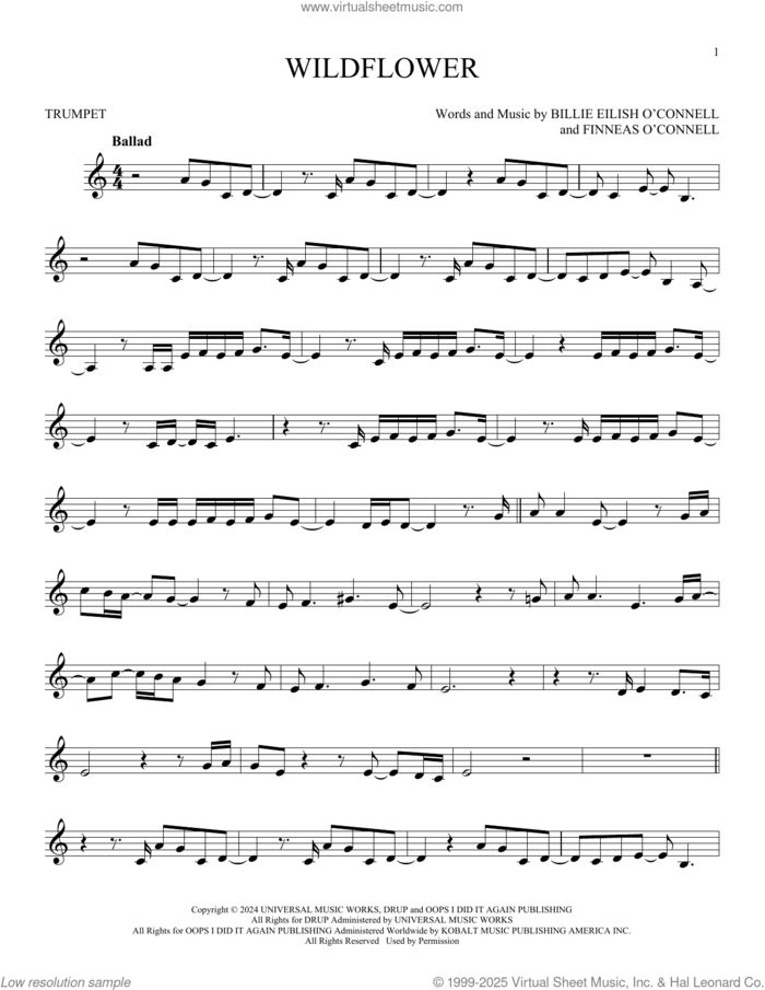 Wildflower sheet music for trumpet solo by Billie Eilish, intermediate skill level