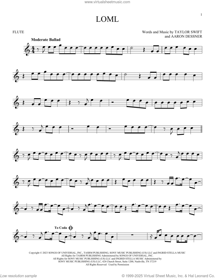 Loml sheet music for flute solo by Taylor Swift and Aaron Dessner, intermediate skill level