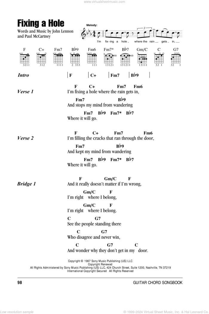 Fixing A Hole sheet music for guitar (chords) by The Beatles, John Lennon and Paul McCartney, intermediate skill level