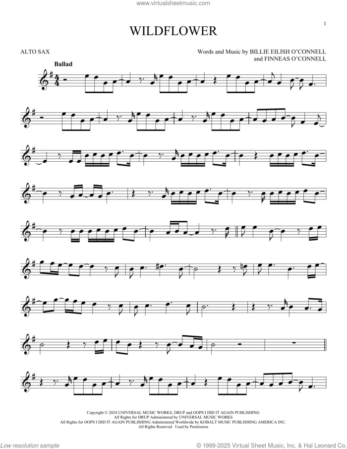 Wildflower sheet music for alto saxophone solo by Billie Eilish, intermediate skill level