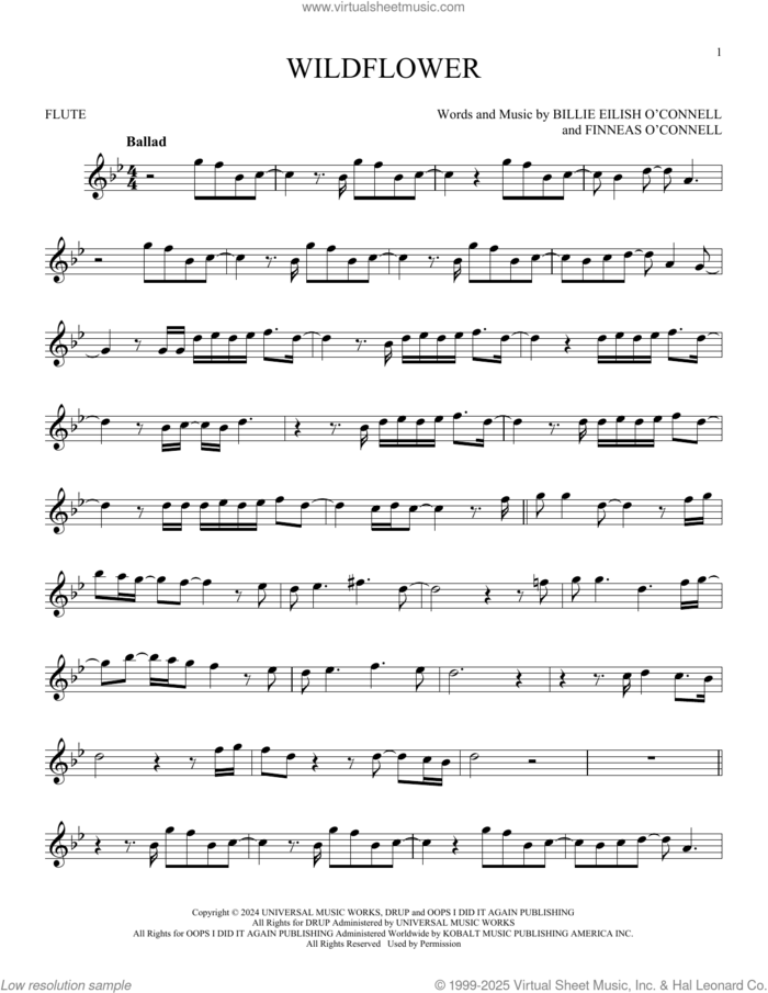 Wildflower sheet music for flute solo by Billie Eilish, intermediate skill level