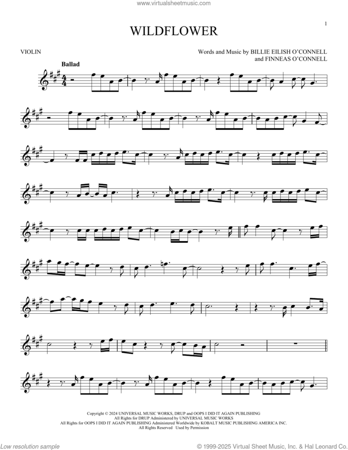 Wildflower sheet music for violin solo by Billie Eilish, intermediate skill level