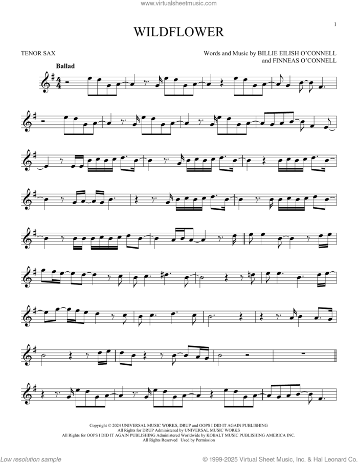 Wildflower sheet music for tenor saxophone solo by Billie Eilish, intermediate skill level