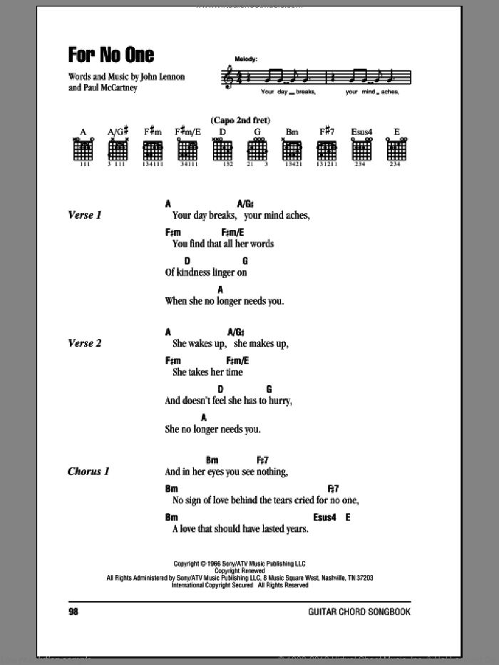 For No One sheet music for guitar (chords) by The Beatles, John Lennon and Paul McCartney, intermediate skill level