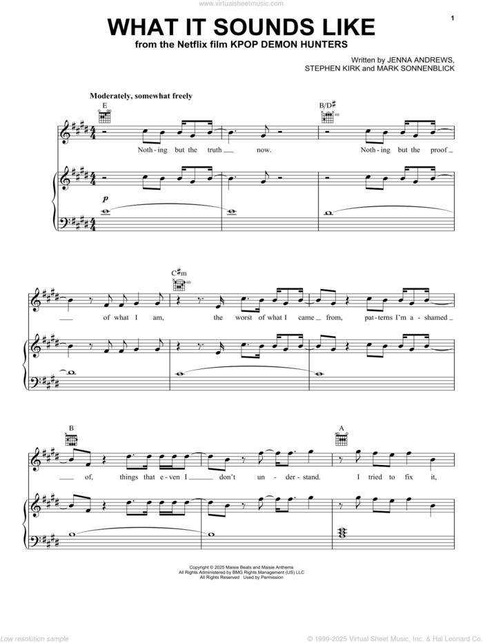 What It Sounds Like (from KPop Demon Hunters) sheet music for voice, piano or guitar by Jenna Andrews, Huntr/x (Ejae, Audrey Nuna and Rei Ami), Mark Sonnenblick and Stephen Kirk, intermediate skill level