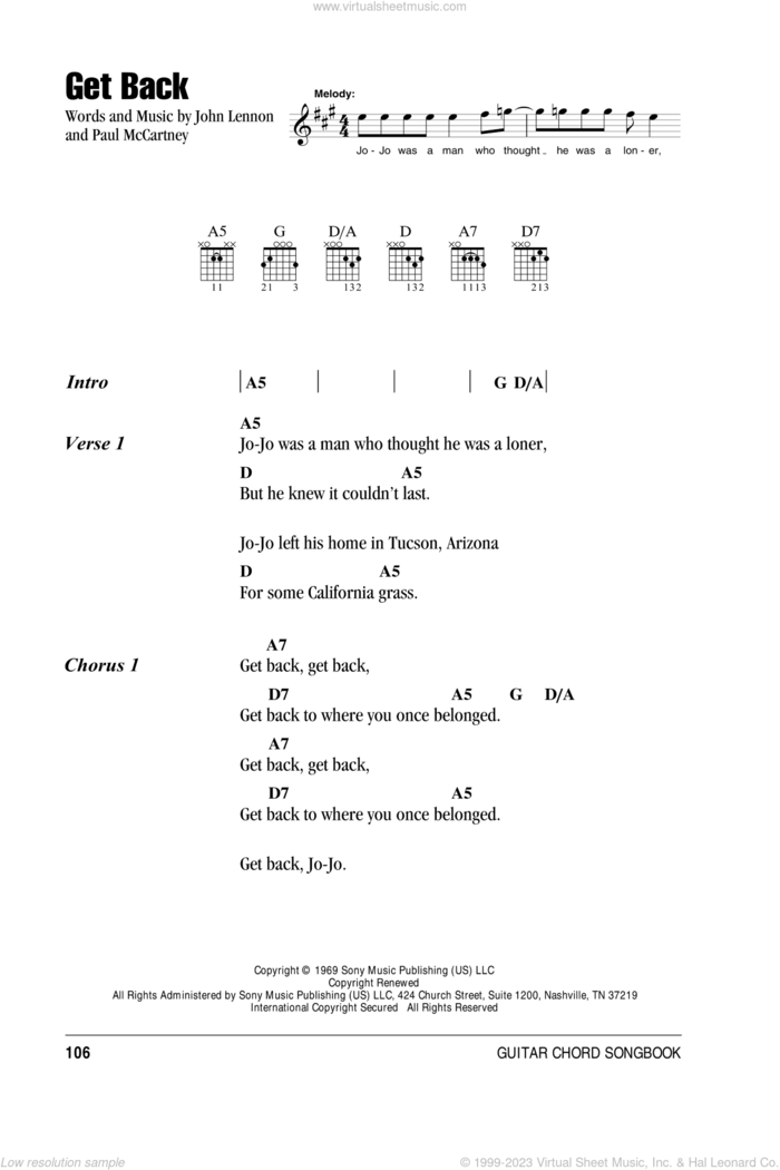 Get Back sheet music for guitar (chords) by The Beatles, John Lennon and Paul McCartney, intermediate skill level