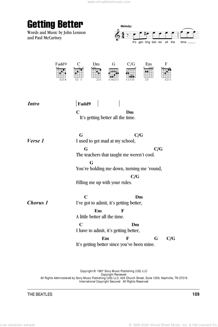 Getting Better sheet music for guitar (chords) by The Beatles, John Lennon and Paul McCartney, intermediate skill level