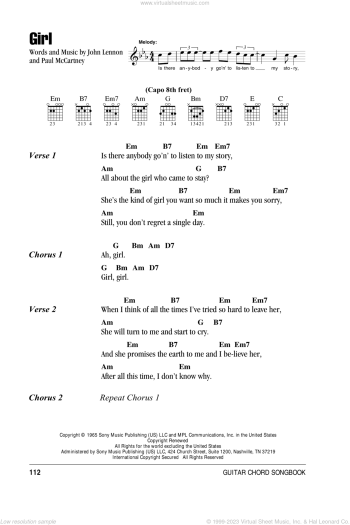 Girl sheet music for guitar (chords) by The Beatles, John Lennon and Paul McCartney, intermediate skill level
