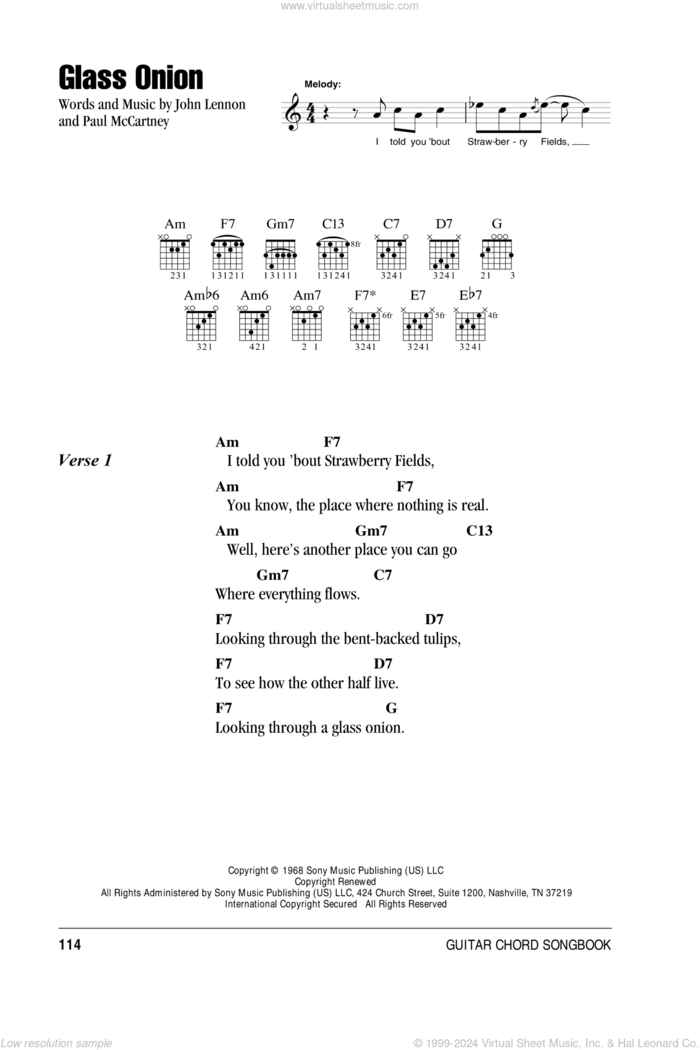 Glass Onion sheet music for guitar (chords) by The Beatles, John Lennon and Paul McCartney, intermediate skill level