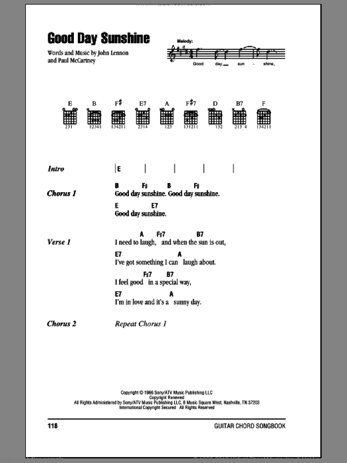 Good Day Sunshine sheet music for guitar (chords) by The Beatles, John Lennon and Paul McCartney, intermediate skill level