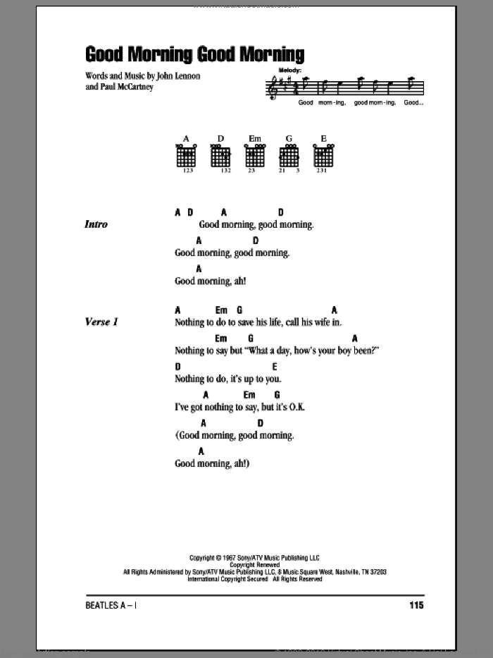 Good Morning Good Morning sheet music for guitar (chords) by The Beatles, John Lennon and Paul McCartney, intermediate skill level