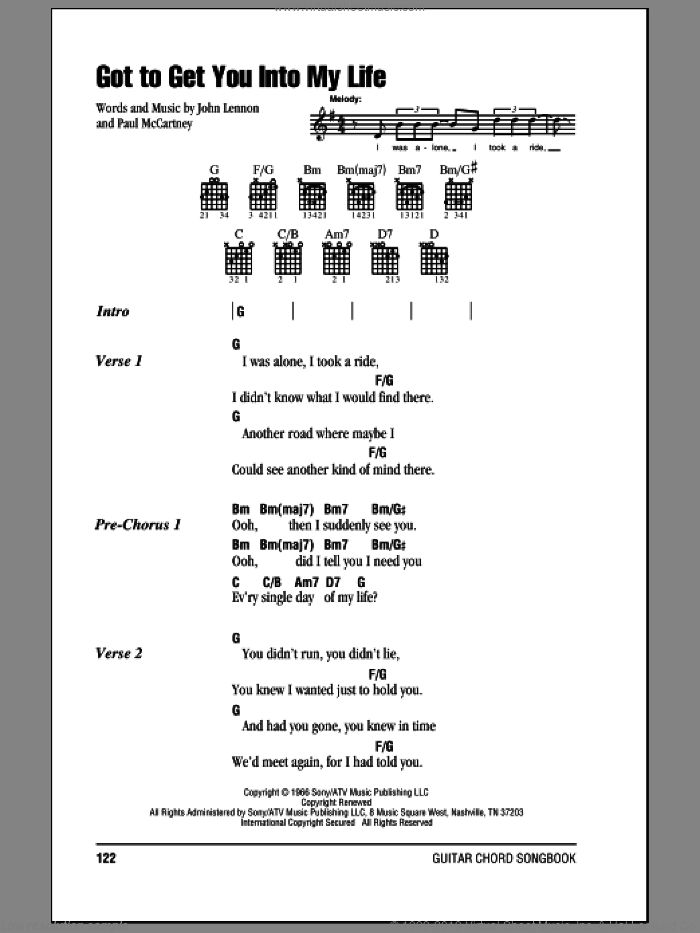 Got To Get You Into My Life sheet music for guitar (chords) by The Beatles, John Lennon and Paul McCartney, intermediate skill level