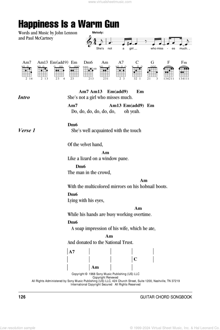 Happiness Is A Warm Gun sheet music for guitar (chords) by The Beatles, John Lennon and Paul McCartney, intermediate skill level