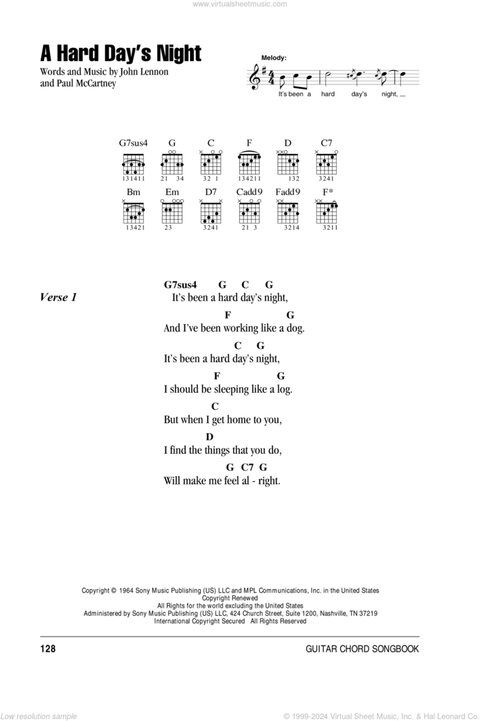 A Hard Day's Night sheet music for guitar (chords) by The Beatles, John Lennon and Paul McCartney, intermediate skill level