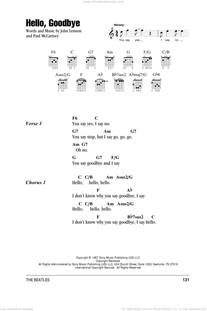 Hello, Goodbye sheet music for guitar (chords) by The Beatles, John Lennon and Paul McCartney, intermediate skill level