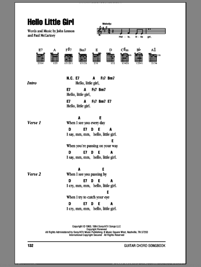 Hello Little Girl sheet music for guitar (chords) by The Beatles, John Lennon and Paul McCartney, intermediate skill level